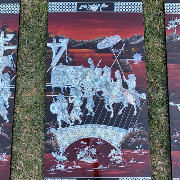 Vintage Asian Lacquered Wood Panels Inlaid with Mother Of Pearl - Picture 9 of 15